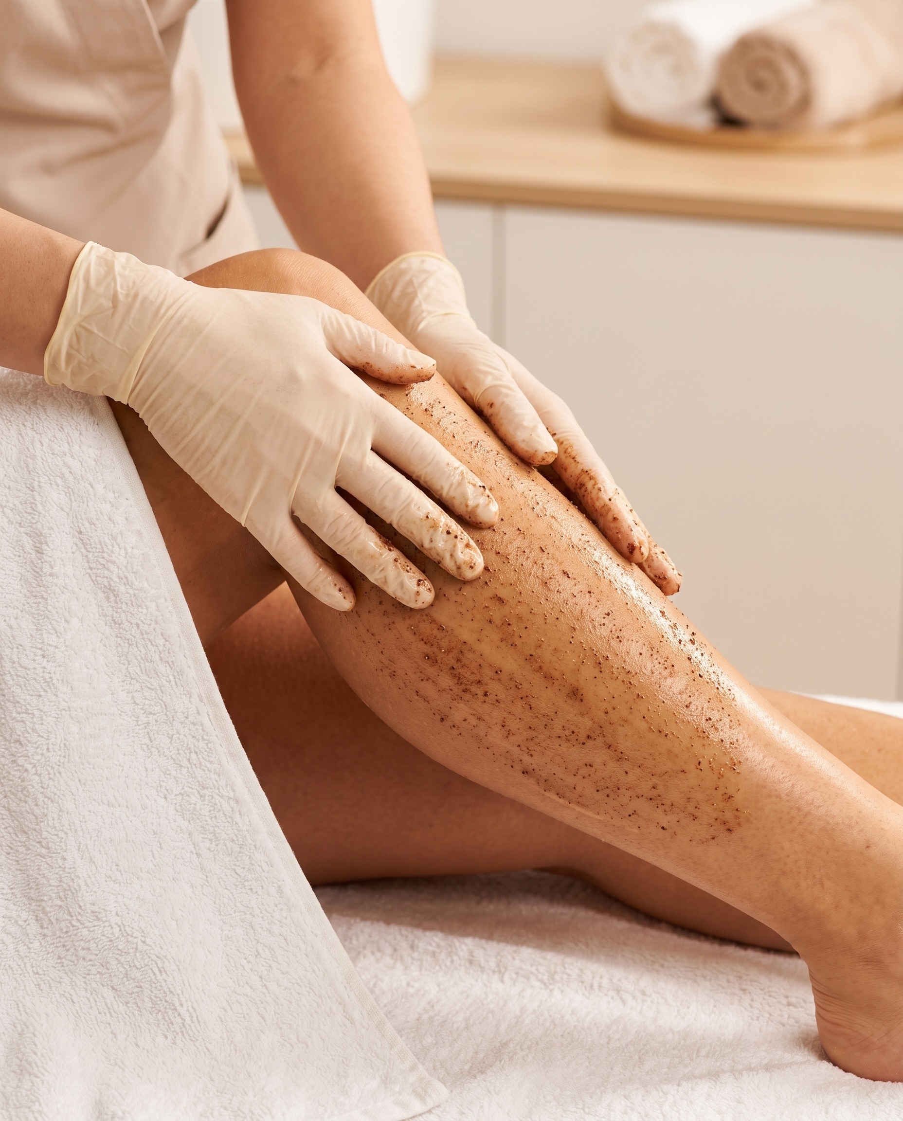 Peeling corpo, primo piano su gamba