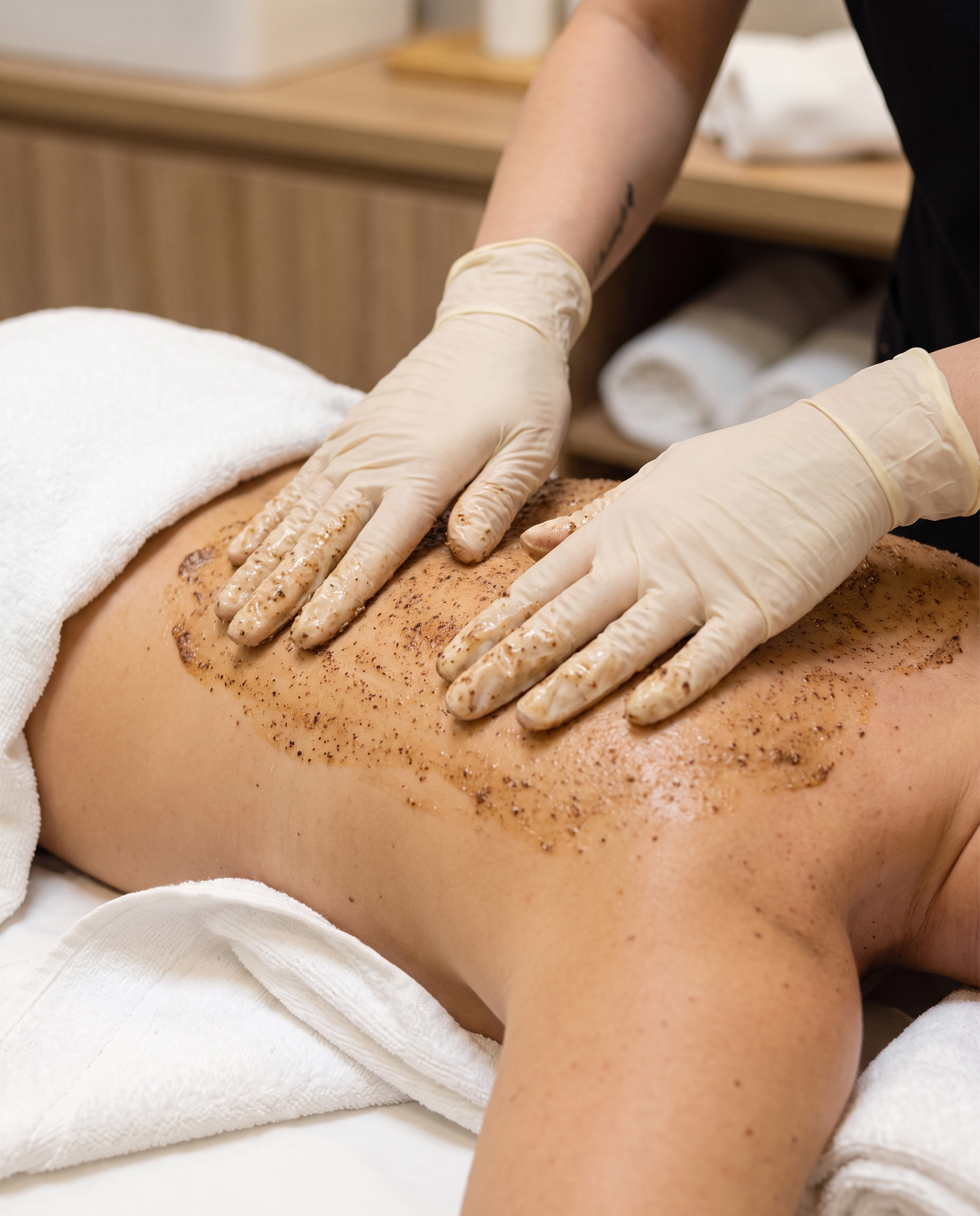 Peeling corpo in primo piano, esfoliazione della pelle